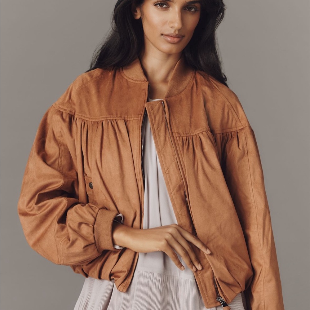 By Anthropologie Faux-Suede Bubble Bomber Jacket